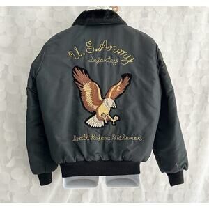 VTG 80s US ARMY Mens M Nylon Bomber Jacket DEATH BEFORE DISHONOR Embroidered Fur